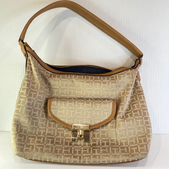 Tommy Hilfiger Handbags - Tommy Hilfiger Navy & Logo Print Shoulder Bag – Red Zip Accent & Faux Leather